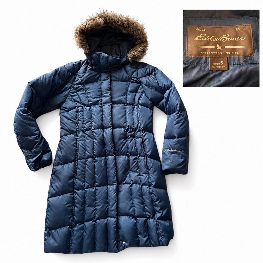 Eddie Bauer Women’s Small Blue Long Down Puffer Coat Hooded Faux Fur Trim Jacket